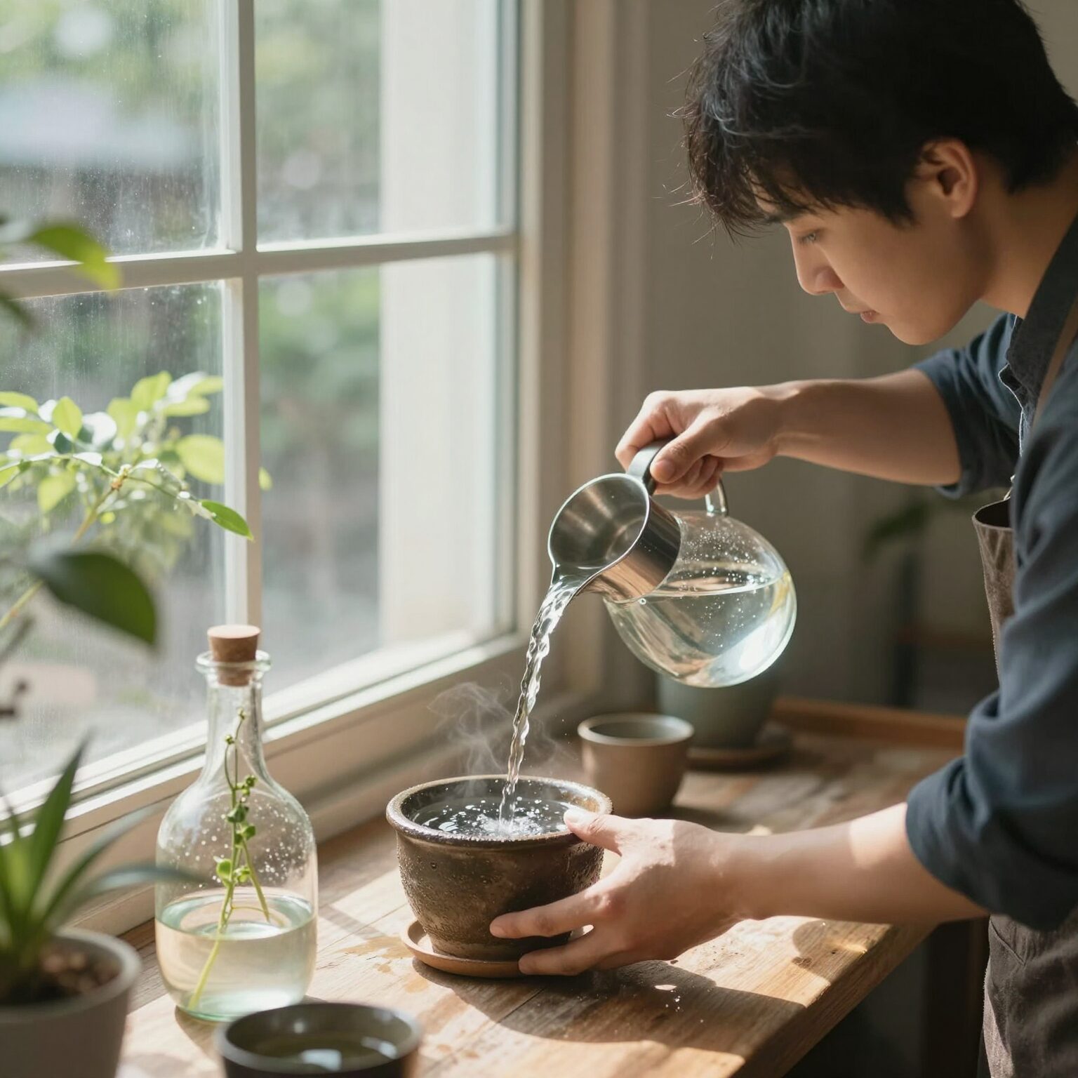 데모르포세카 화분을 창가 햇빛에 두고 물을 주는 모습