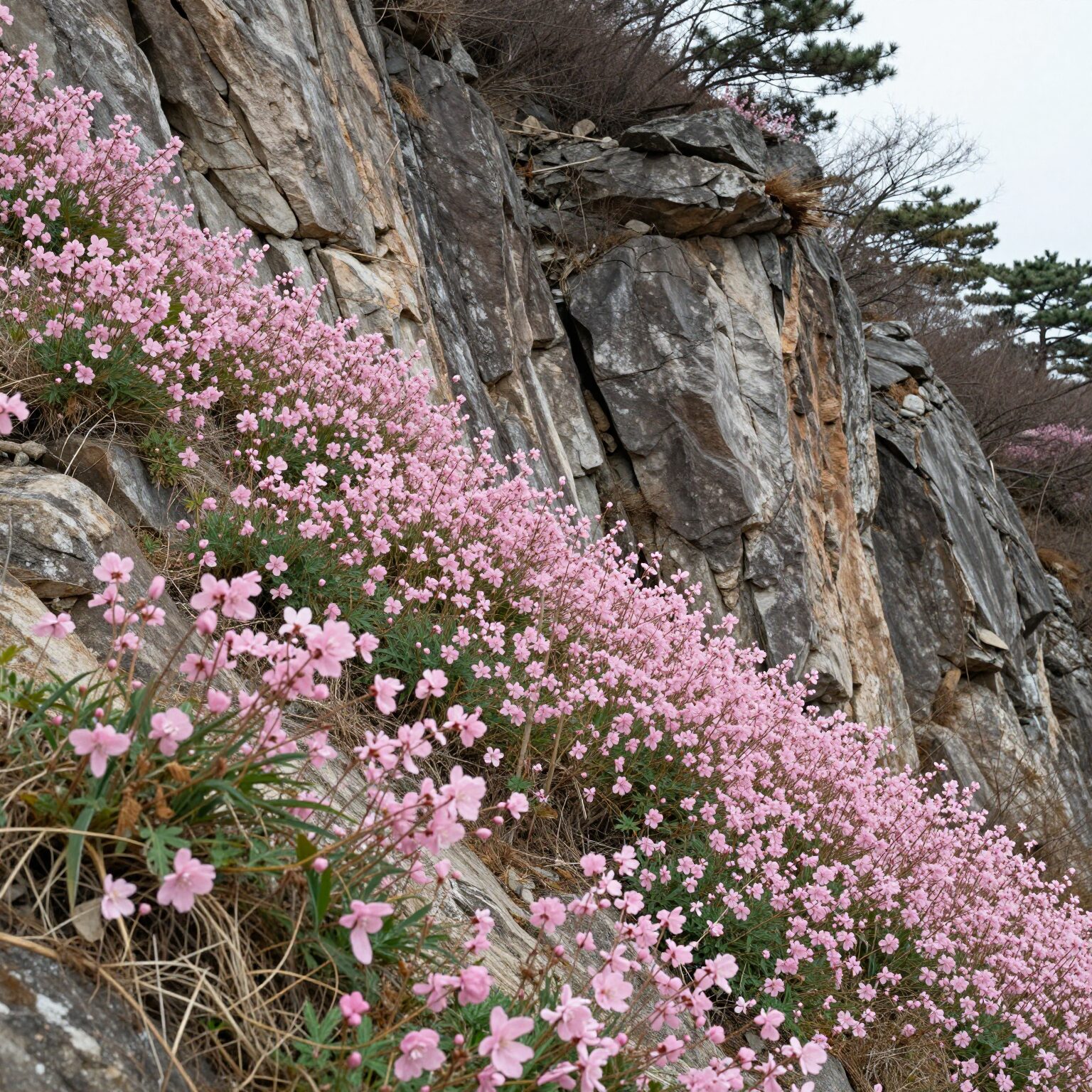 평창 문희마을 동강할미꽃 자생지 전경, 바위 절벽에 핀 분홍색 꽃