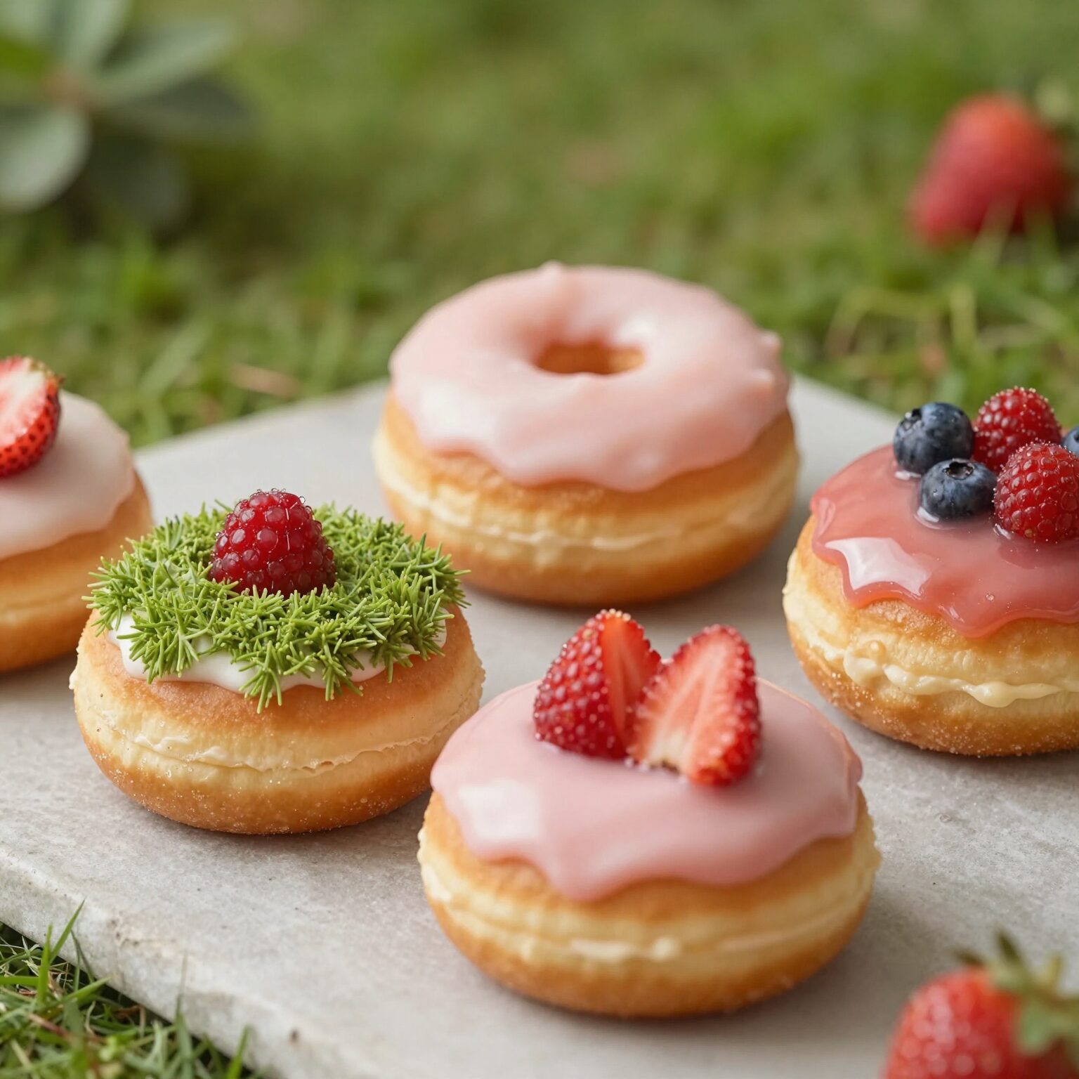 덩킨 도너츠 딸기 베리 가든 신메뉴 도넛들, 딸기 글레이즈드와 딸기 필드 도넛이 나란히 놓여 있다