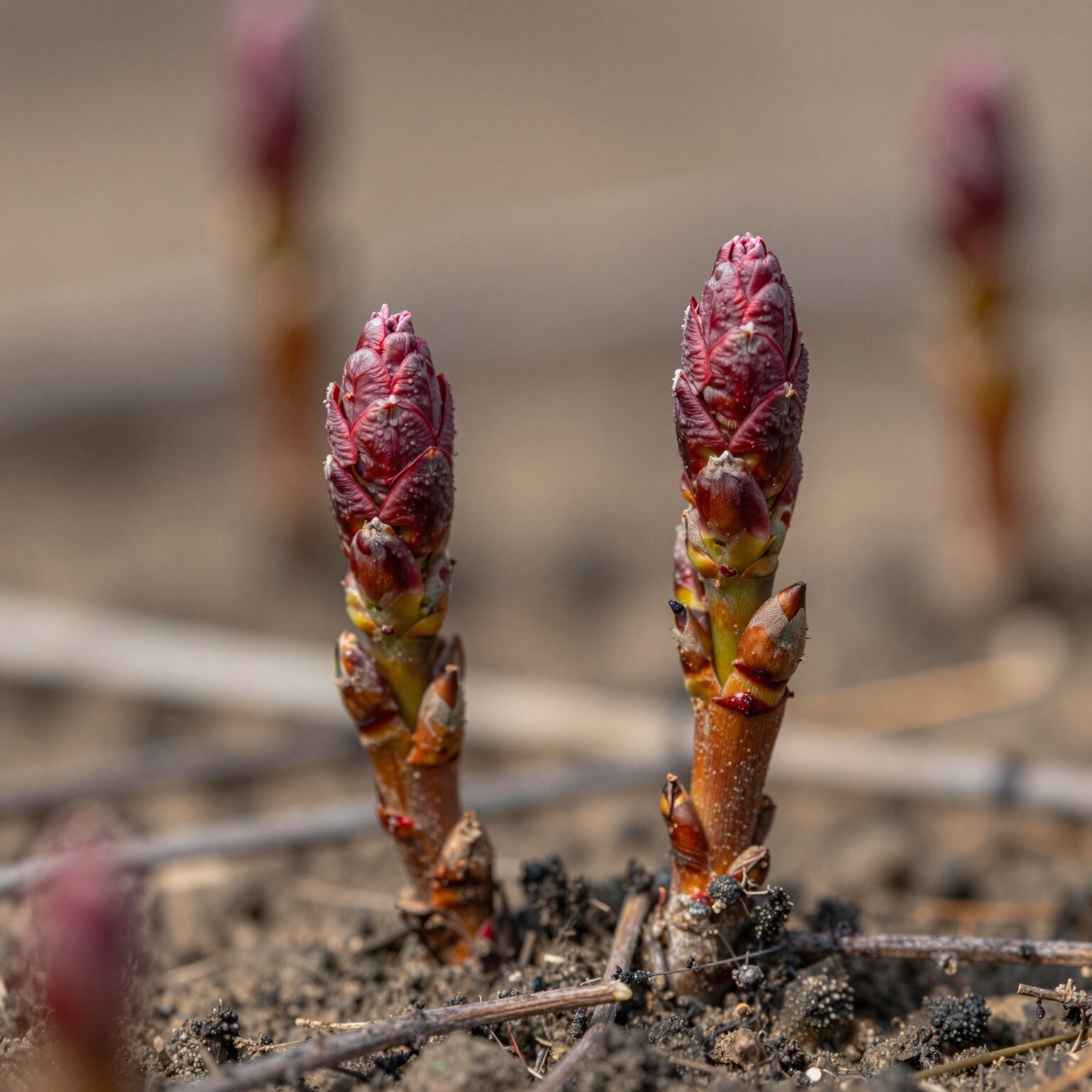 두릅나무 새순 수확 적기 상태, 붉은빛이 도는 단단한 새순