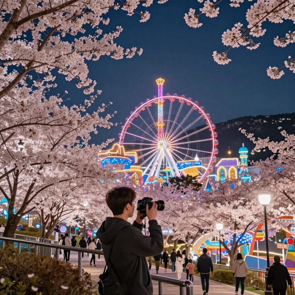 대구 이월드 벚꽃과 놀이기구가 함께 보이는 야경 풍경