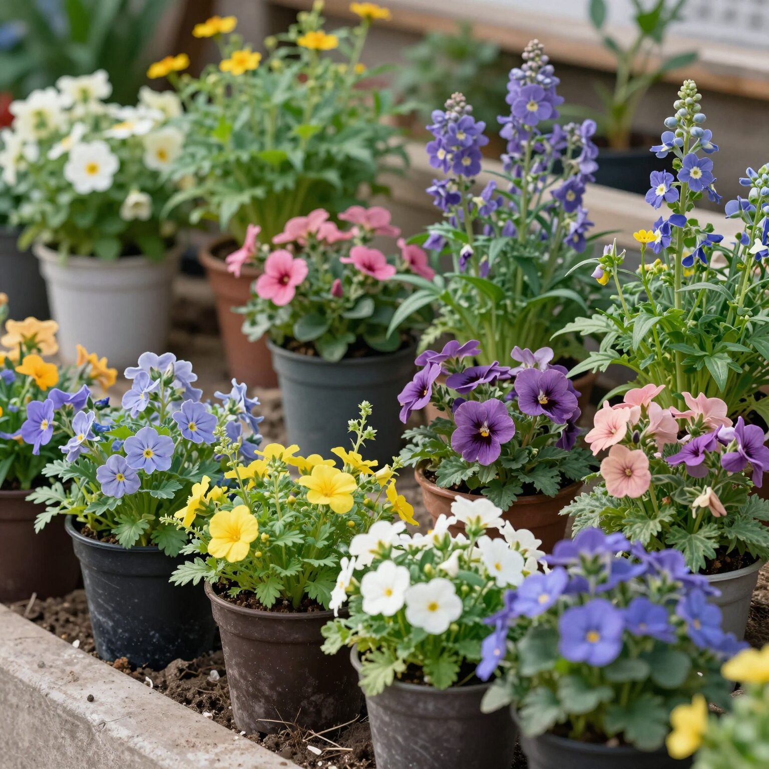 화분과 텃밭에서 자라는 다양한 색상의 식용꽃들 팬지 한련화 바질꽃 등