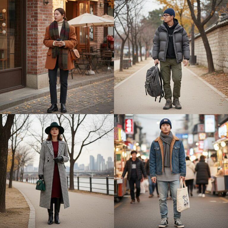 가을 겨울 다양한 자켓과 소품을 매치한 스타일링 예시