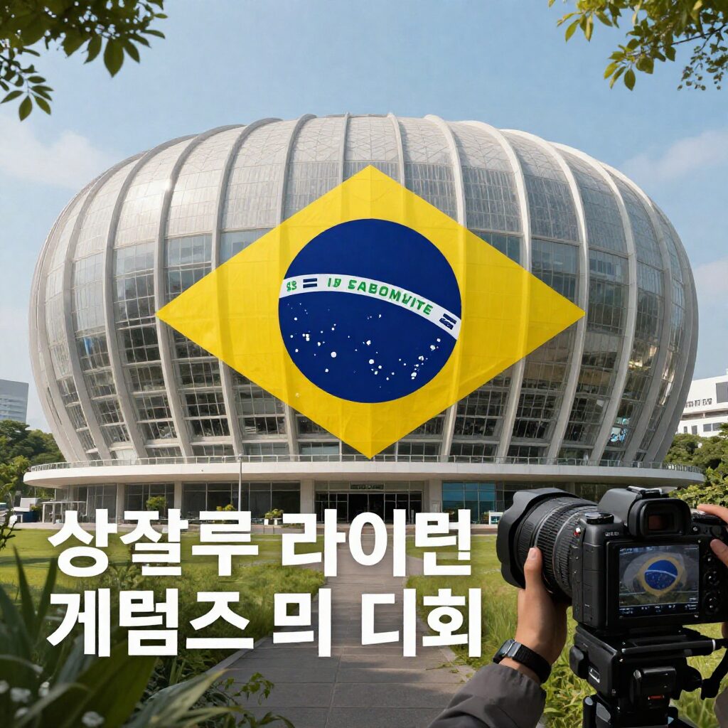 브라질 상파울루 라이엇 게임즈 아레나 전경과 퍼스트 스탠드 대회 로고가 합성된 이미지