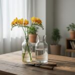 병에 꽂힌 노란 프리지아와 물병 옆에 놓인 가위