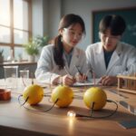 레몬에 구리선과 아연선을 꽂아 LED 불을 키는 레몬 배터리 실험 모습