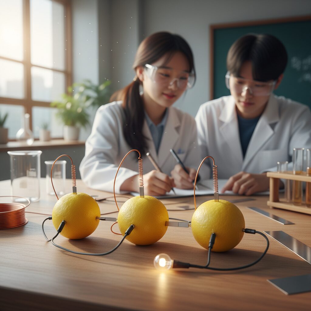 레몬에 구리선과 아연선을 꽂아 LED 불을 키는 레몬 배터리 실험 모습