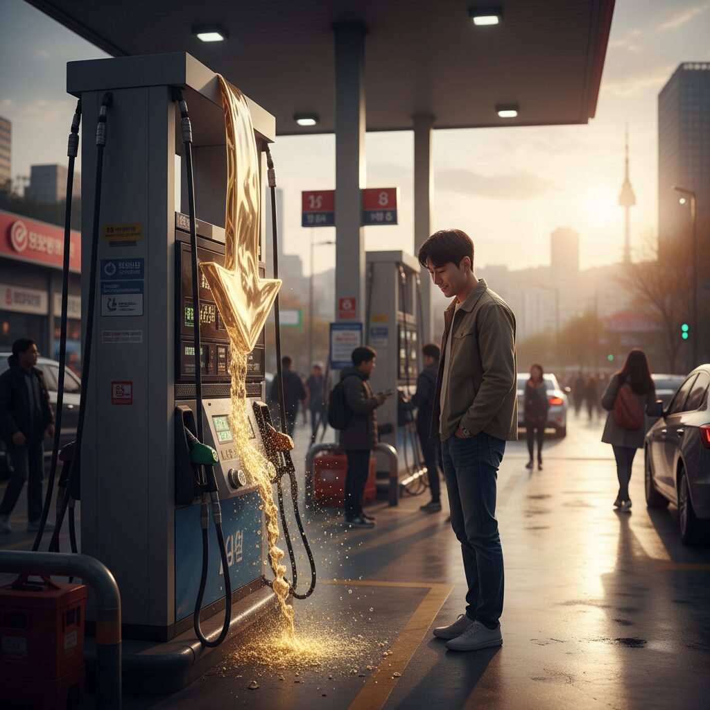 주유소 주유기에서 가격이 인하되는 모습을 상징적으로 표현한 이미지