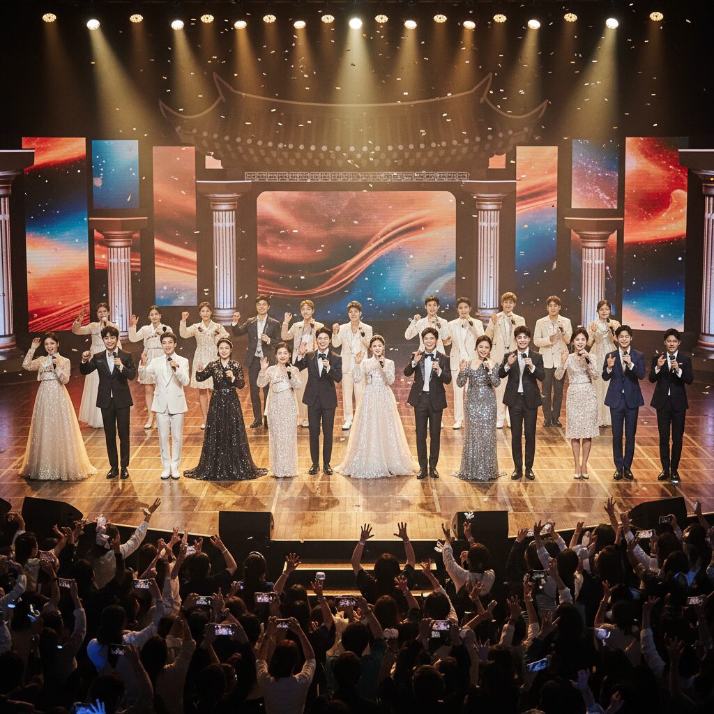 가요무대 출연진들이 함께한 무대 장면