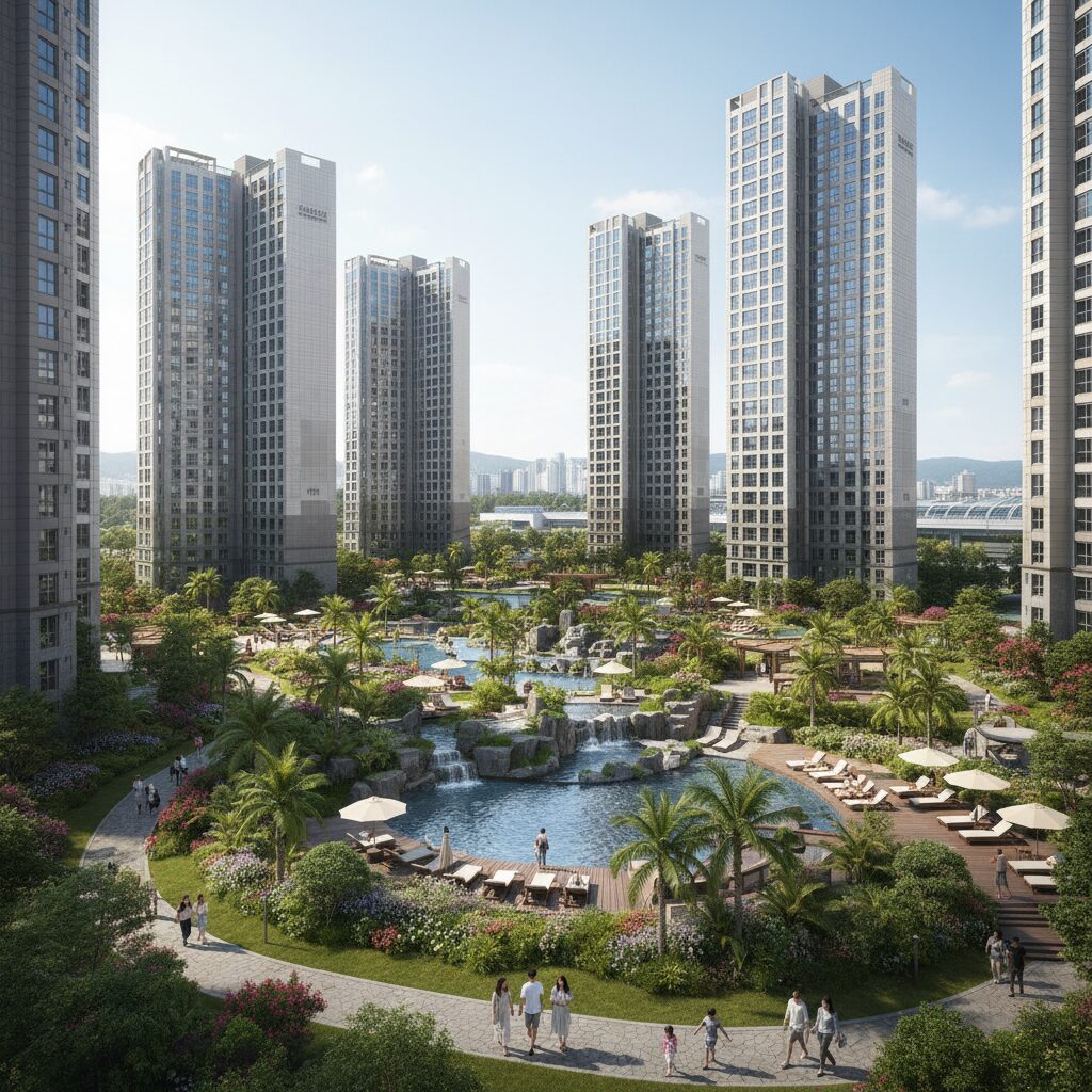 검암역 로열파크씨티 푸르지오 단지 전경과 리조트형 조경