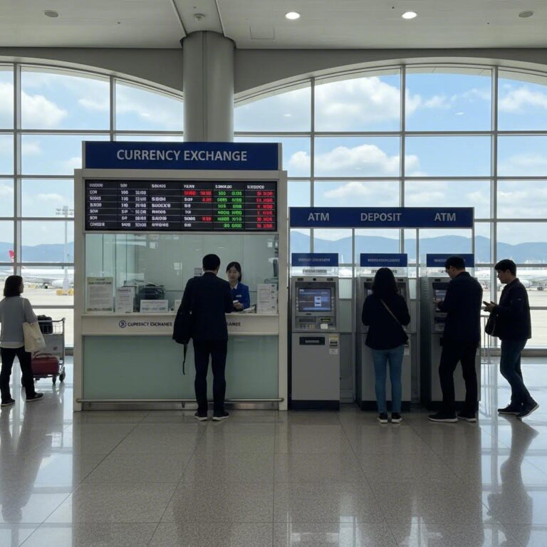 김해공항 내부에 위치한 환전소와 금융기기