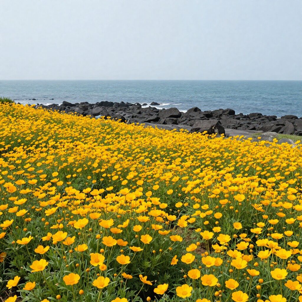 거제도 공곶이 노란 수선화 밭과 바다 배경