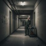 영화 괴기맨숀에서 낡은 아파트 복도와 관리인이 서 있는 장면