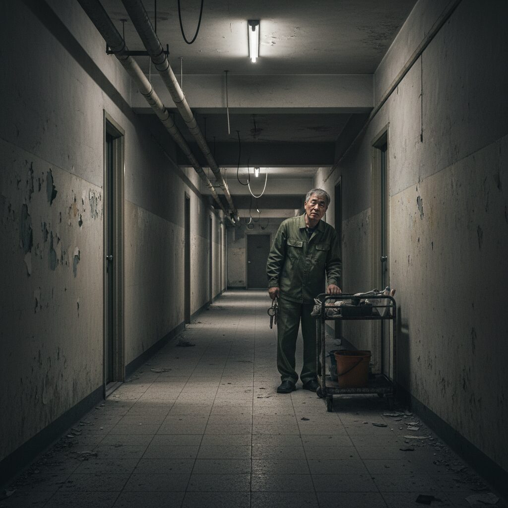 영화 괴기맨숀에서 낡은 아파트 복도와 관리인이 서 있는 장면