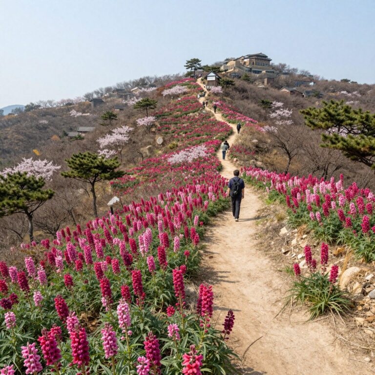 강화 고려산 정상 부근의 화려한 진달래 군락과 데크길 풍경