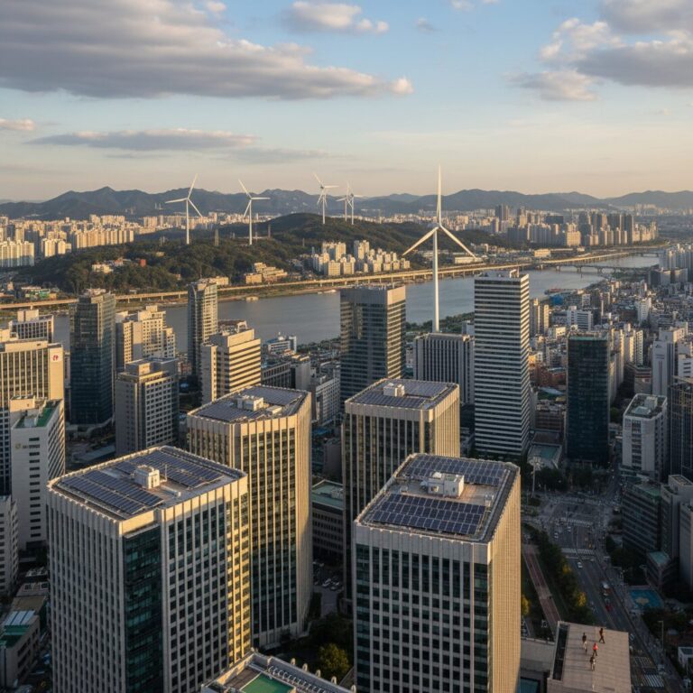 도시 풍경과 태양광 패널, 풍력 발전기가 함께 있는 모습