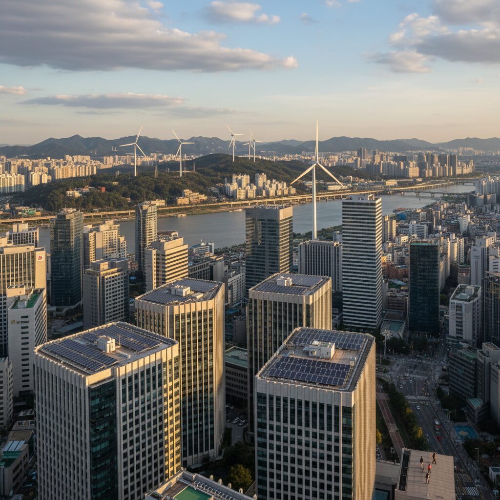 도시 풍경과 태양광 패널, 풍력 발전기가 함께 있는 모습