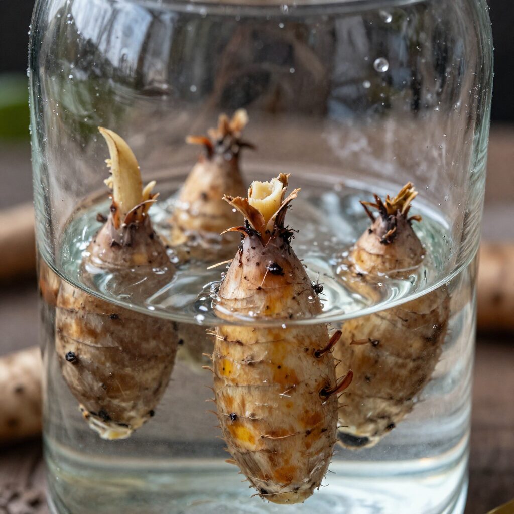 유리병에 물을 담고 고구마 싹이 자라는 모습