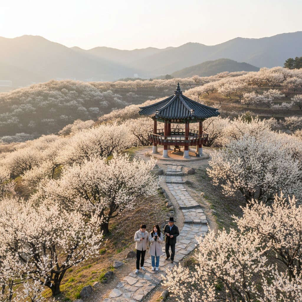 광양 매화마을의 만개한 백매화와 정자 풍경