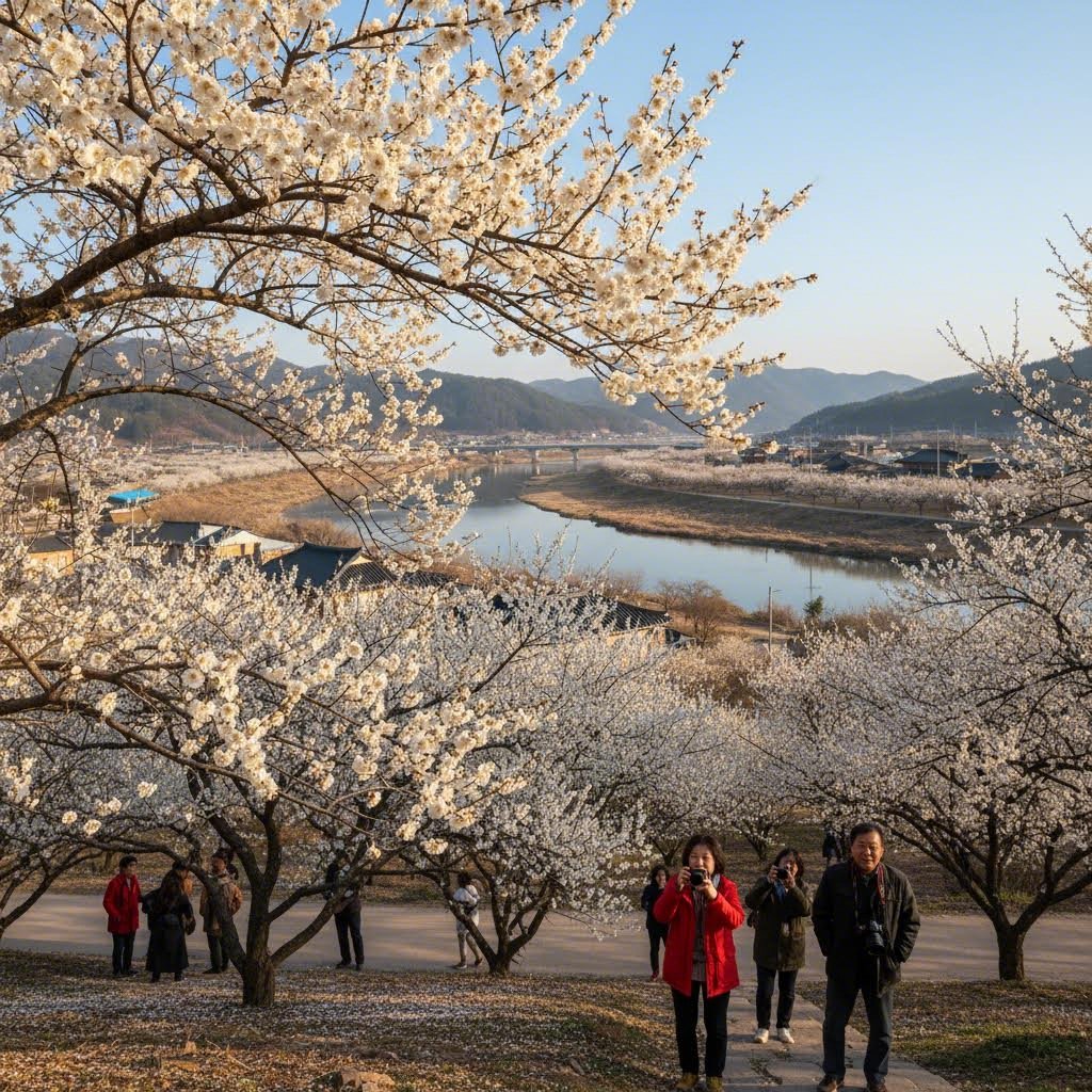 섬진강변 광양 매화마을의 하얀 매화 꽃망울이 잎보다 먼저 피어나는 모습