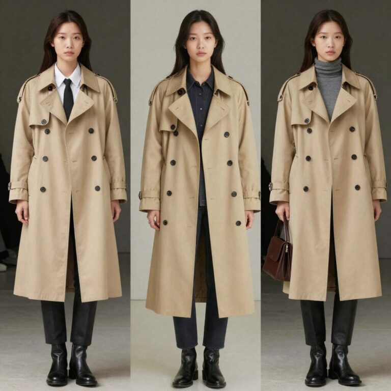 여성 하프 트렌치코트를 입은 모델의 다양한 코디 예시