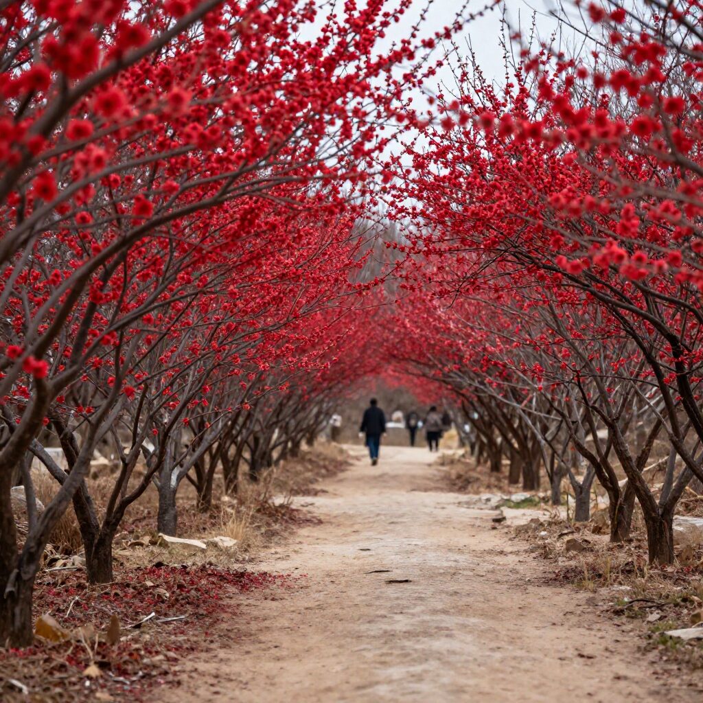 돌담길과 어우러진 붉은 매화 군락지 풍경