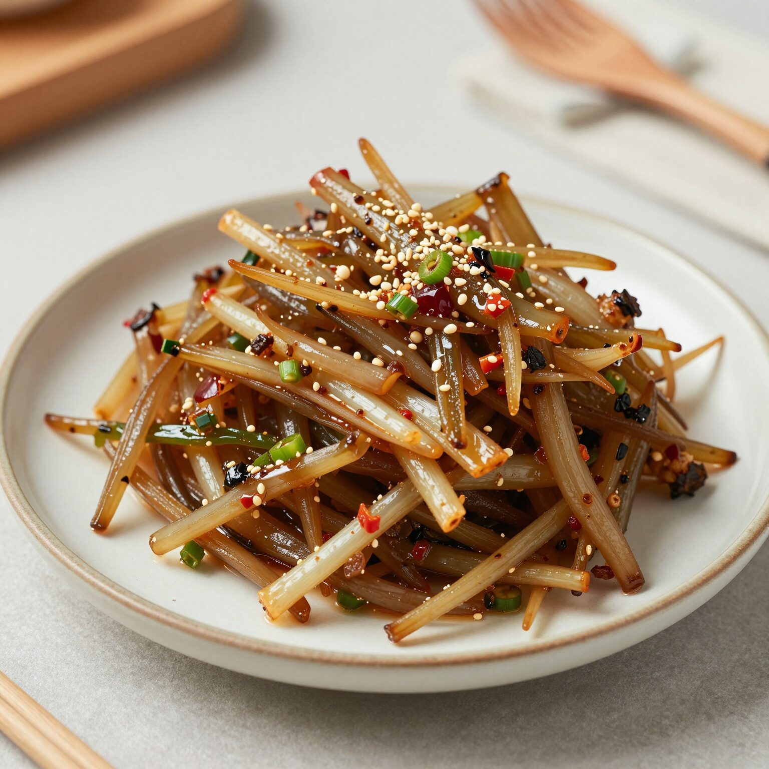 데쳐서 무쳐낸 비비추나물 반찬이 접시에 담겨 있는 모습