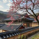 구례 화엄사 각황전 앞에 핀 홍매화와 전통 한옥 지붕