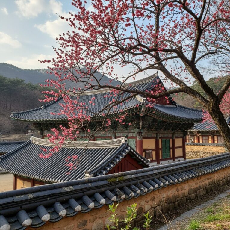 구례 화엄사 각황전 앞에 핀 홍매화와 전통 한옥 지붕