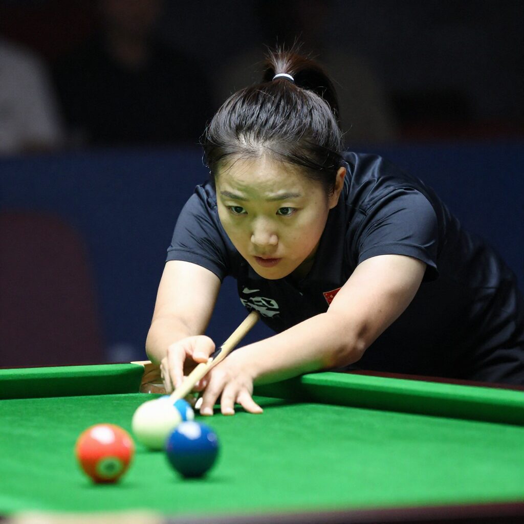 황민지 선수가 당구대에서 샷을 준비하는 모습