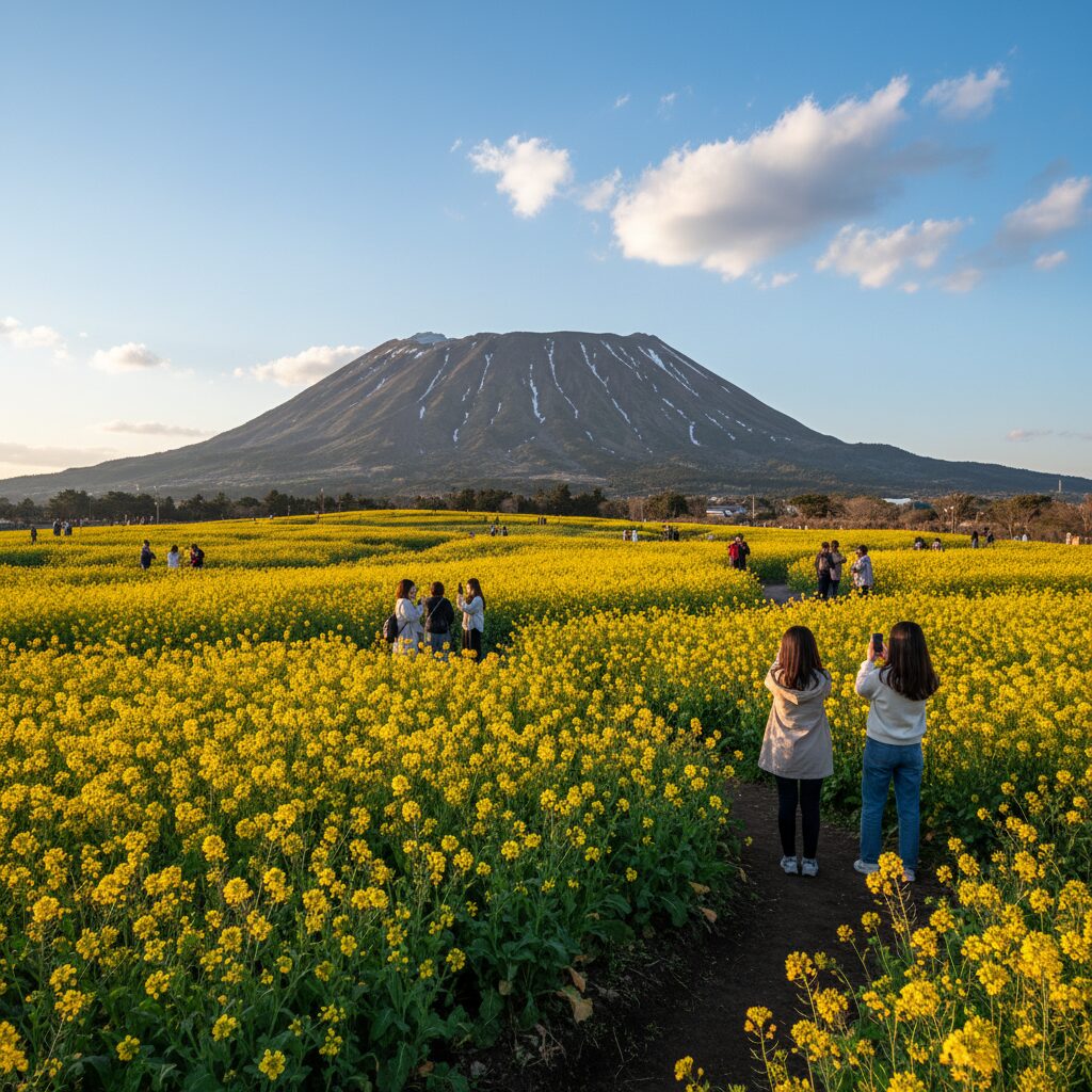 휴애리 자연생활공원의 유채꽃밭과 한라산 배경