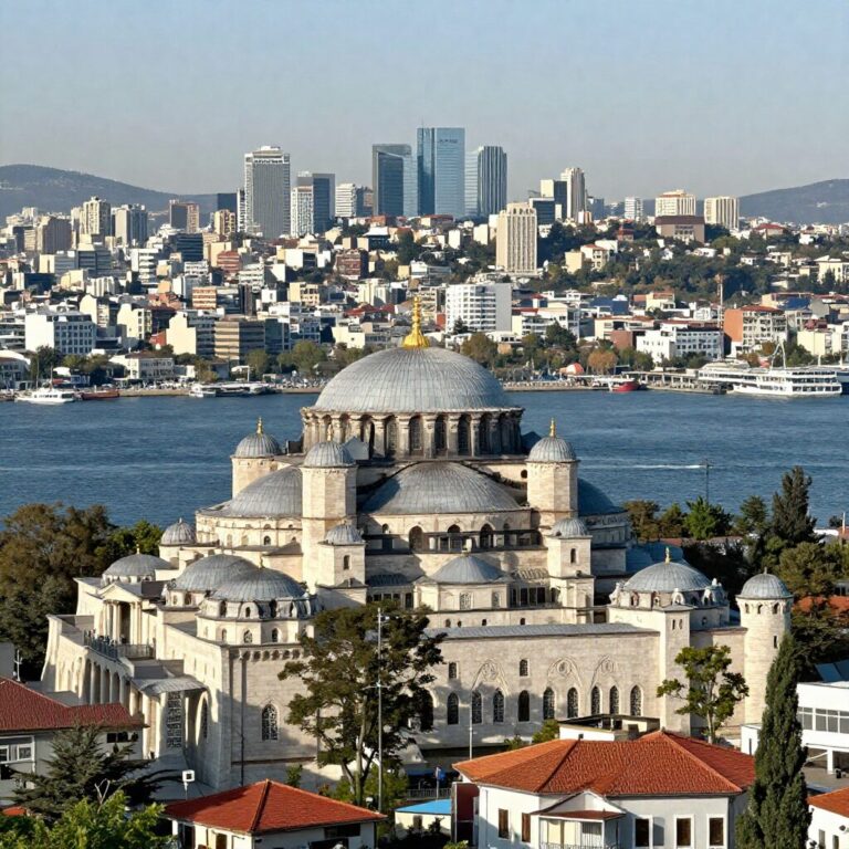 보스포러스 해협을 배경으로 한 이스탄불의 도시 스카이라인과 역사적인 건물들