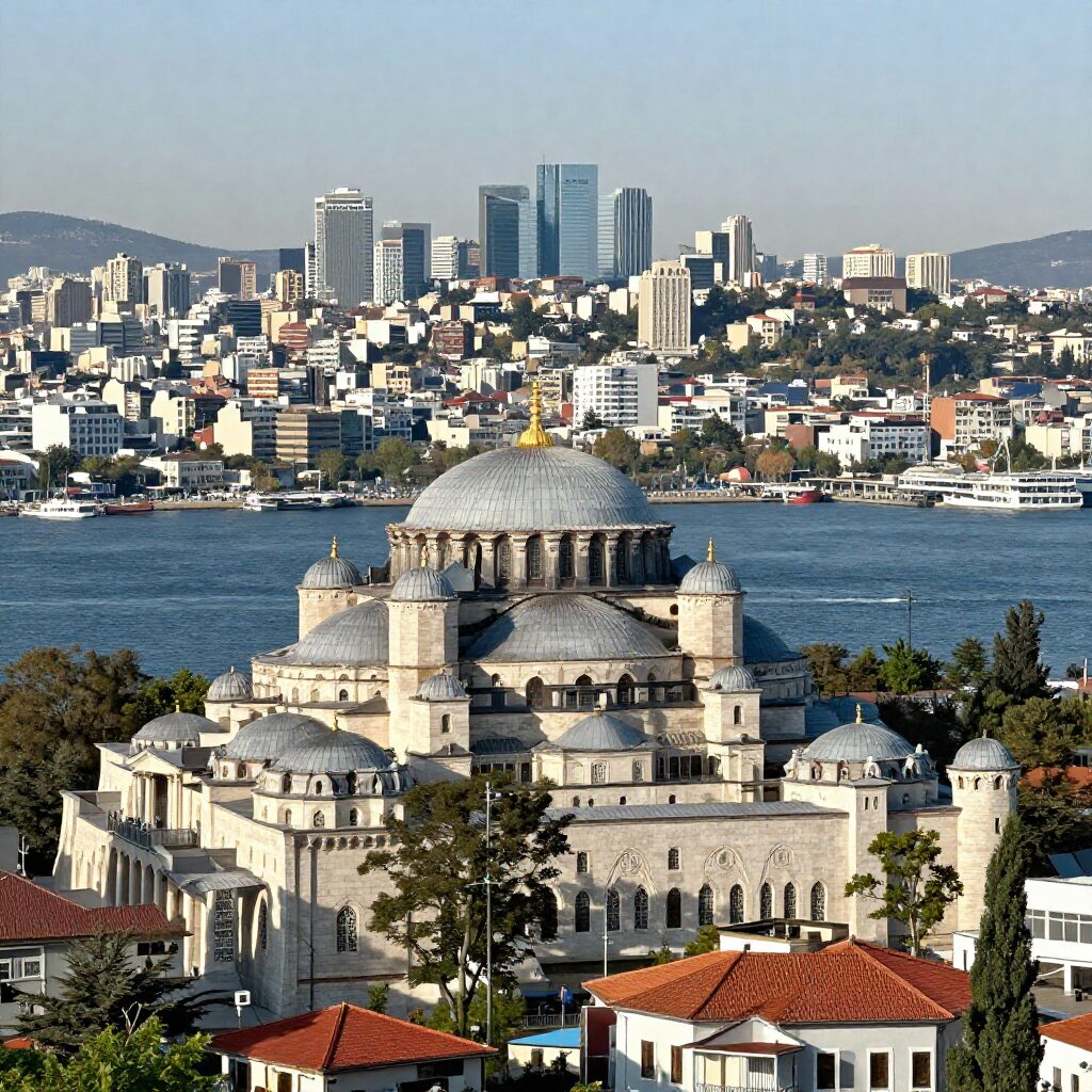 보스포러스 해협을 배경으로 한 이스탄불의 도시 스카이라인과 역사적인 건물들