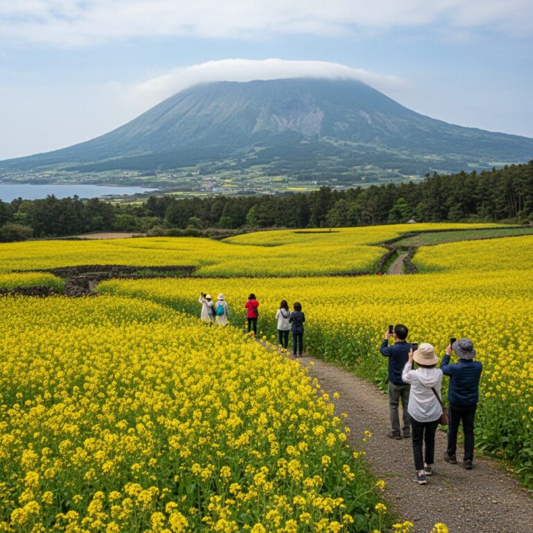 한라산을 배경으로 노란 유채꽃밭이 펼쳐져 있는 휴애리 자연생활공원 풍경