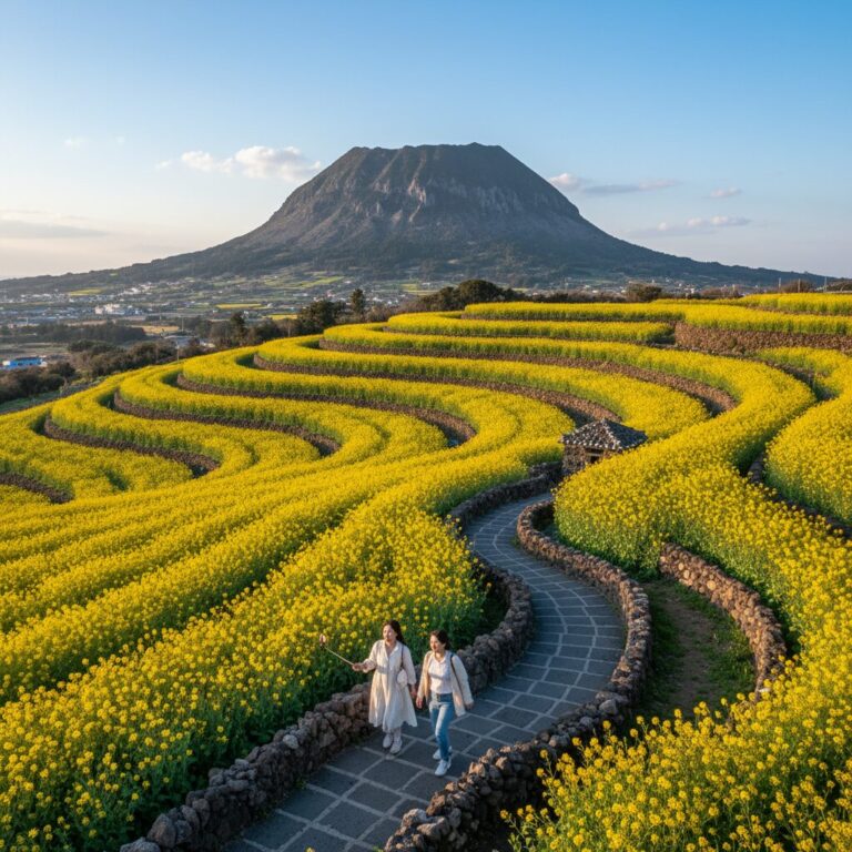 산방산을 배경으로 한 계단식 제주도 유채꽃밭 풍경