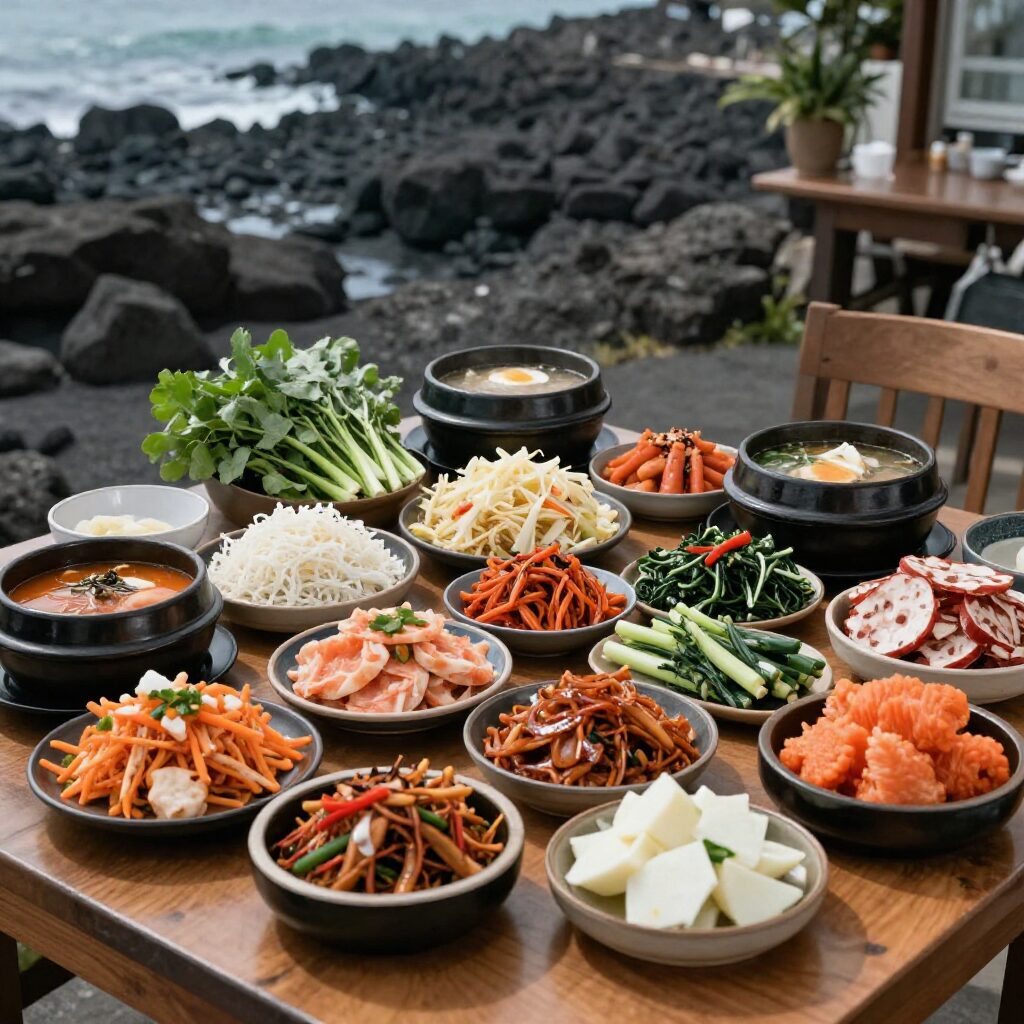 제주 녹산로 근처 맛집에서 다양한 반찬과 신선한 음식이 차려진 테이블