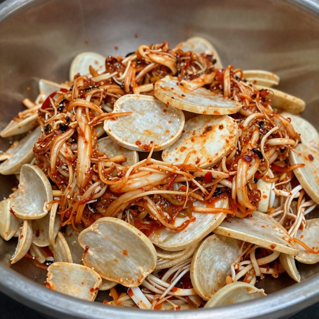 잘게 썰어진 돼지감자와 김치 양념 재료가 준비된 모습