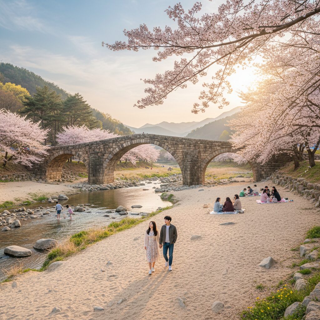 봄날 진천 농다리와 넓은 모래사장 풍경