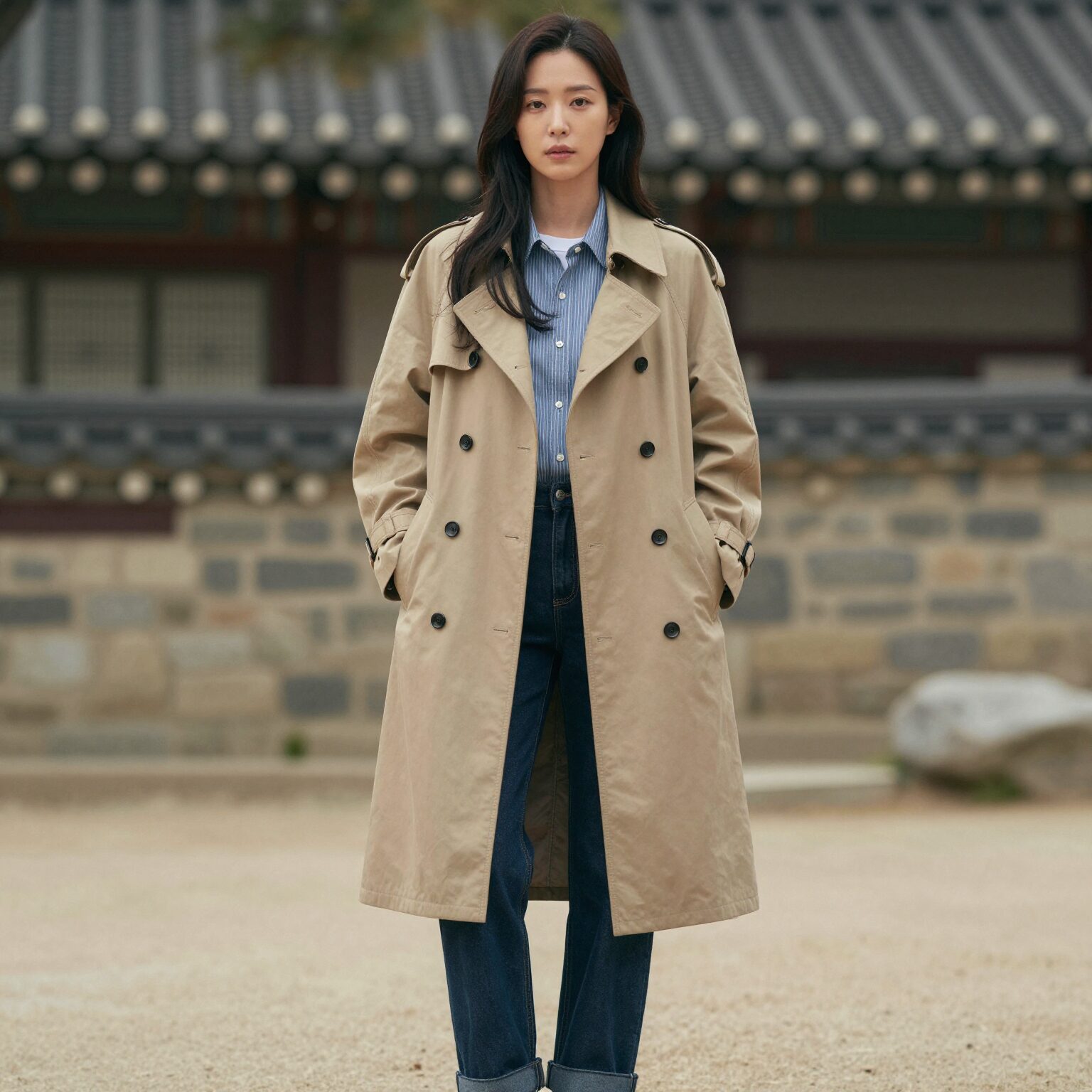 손나은이 연출한 JJ지고트 트렌치코트 캐주얼 스타일링 예시