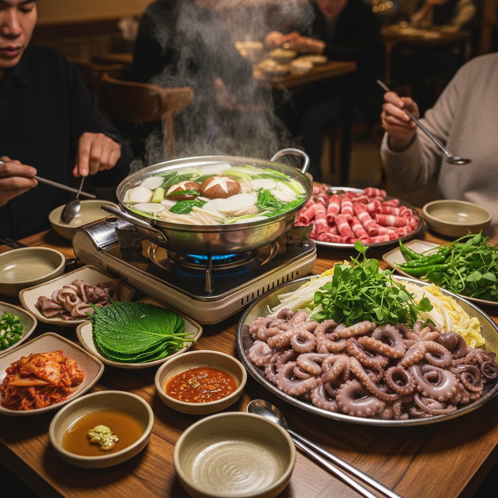 푸짐하게 차려진 쭈꾸미 샤브샤브 세트 메뉴