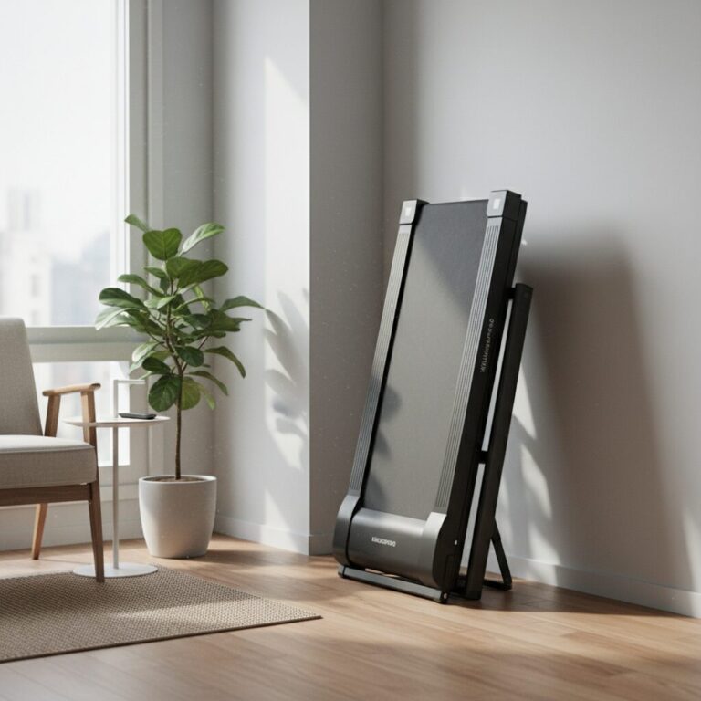 킹스미스 워킹패드 C2가 거실 구석에 세워져 있는 모습. 얇고 슬림한 디자인으로 공간을 많이 차지하지 않는다