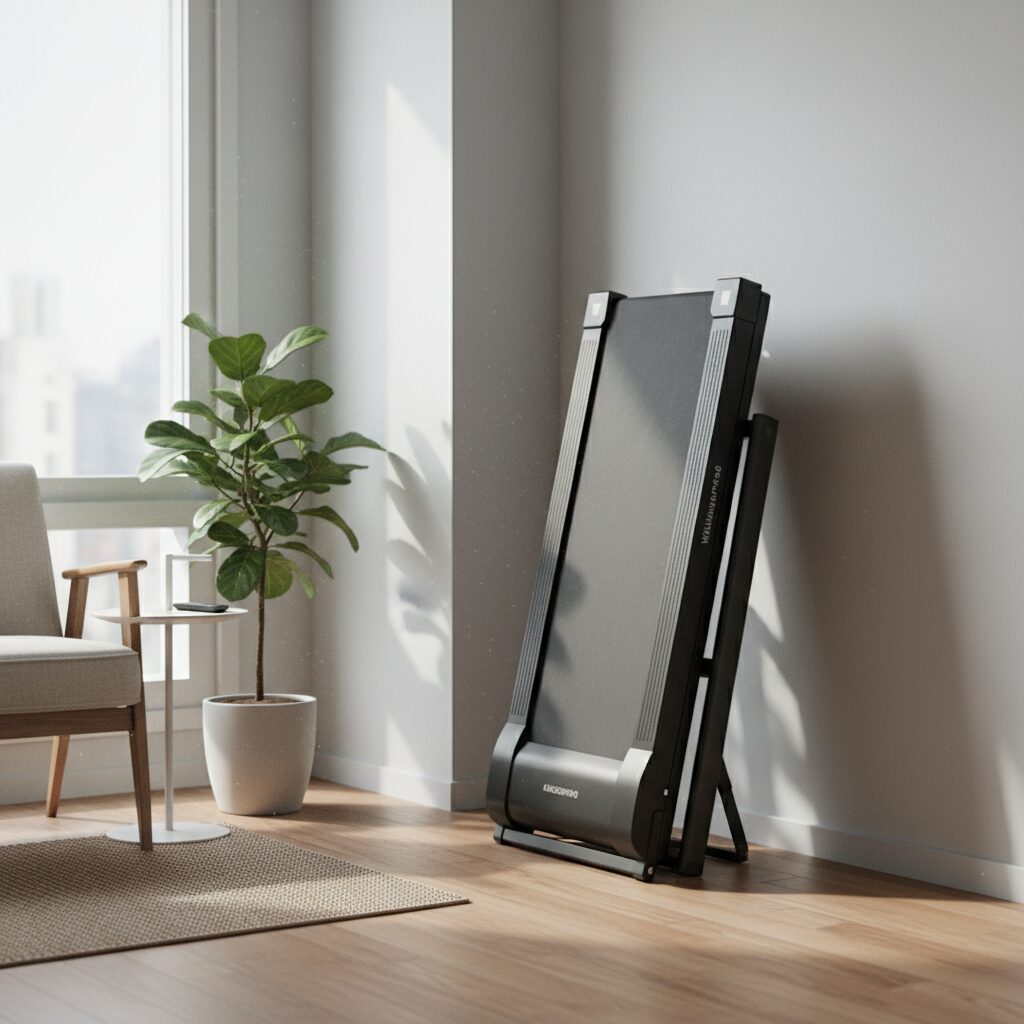 킹스미스 워킹패드 C2가 거실 구석에 세워져 있는 모습. 얇고 슬림한 디자인으로 공간을 많이 차지하지 않는다