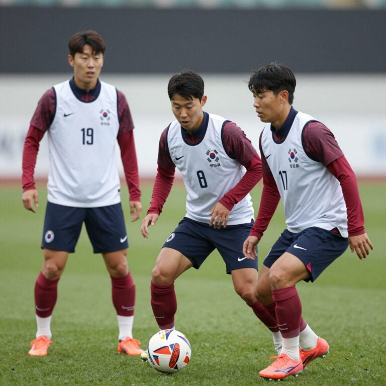 대한민국 축구 국가대표팀이 훈련 중인 모습, 손흥민과 김민재가 포커스