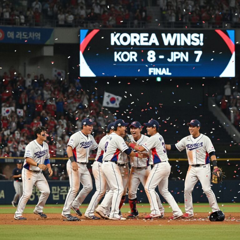 2026 WBC 한국 일본 야구 경기에서 한국 선수들이 승리를 기뻐하며 포옹하는 모습