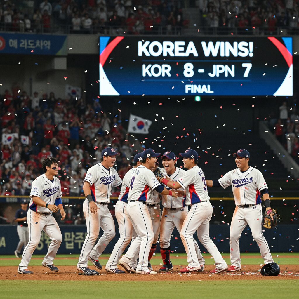 2026 WBC 한국 일본 야구 경기에서 한국 선수들이 승리를 기뻐하며 포옹하는 모습