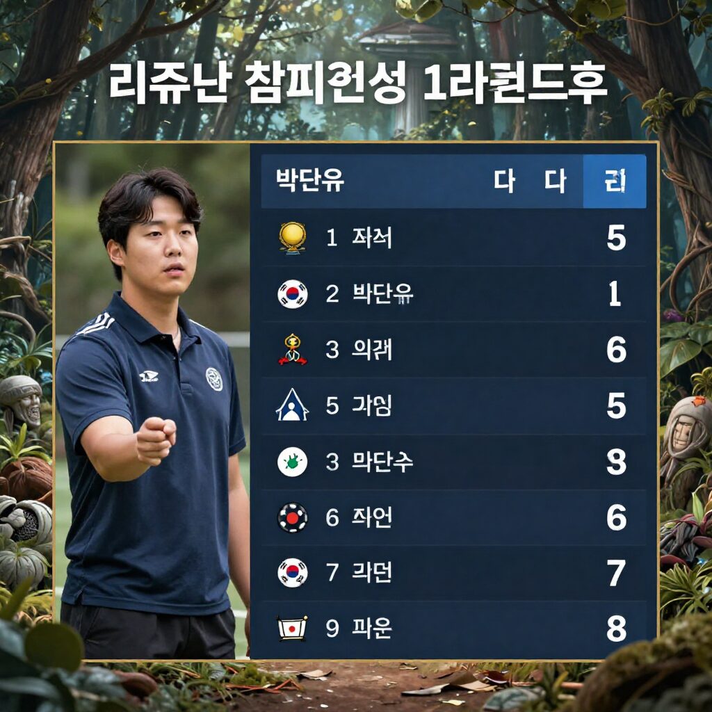 리쥬란 챔피언십 1라운드 후 리더보드를 가리키는 박단유 프로