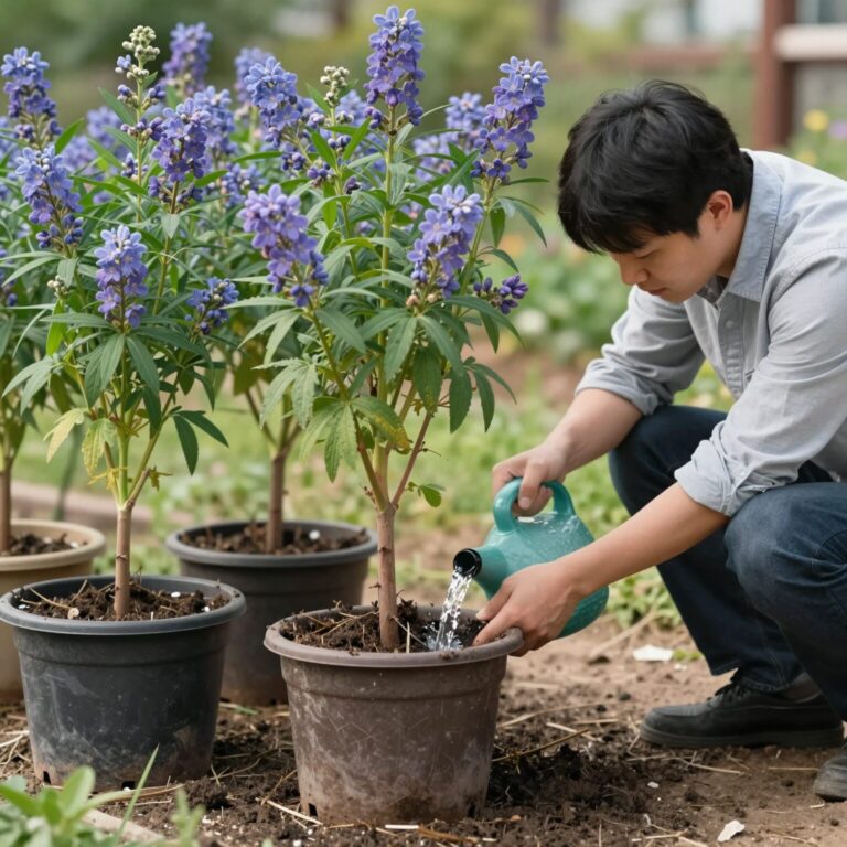 화분에 심겨진 라일락 나무와 물주기 장면