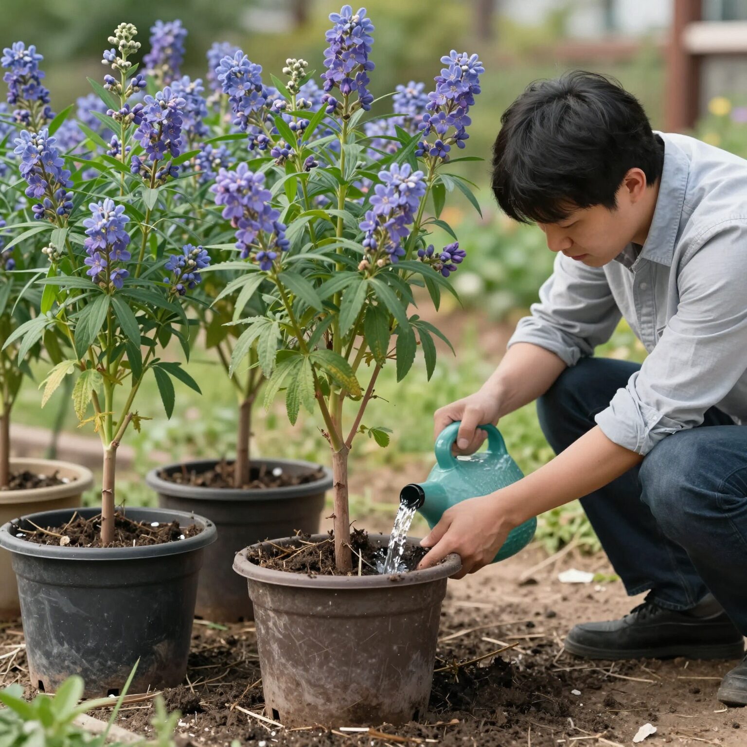화분에 심겨진 라일락 나무와 물주기 장면