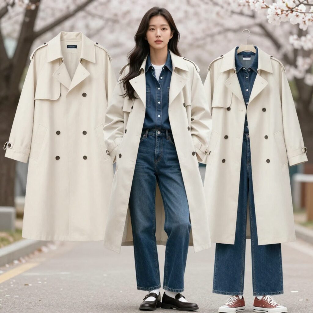 라인트렌치코트 스타일링 예시, 아이보리 색상의 라인트렌치코트를 입고 청바지와 블라우스를 매치한 봄철 데일리 룩