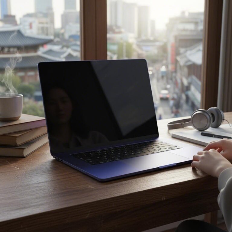 인디고 색상 맥북 네오가 나무 책상 위에 놓여 있는 모습